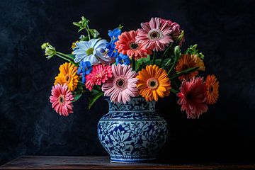 Elegant bloemenboeket in blauw-witte keramische vaas van De Muurdecoratie