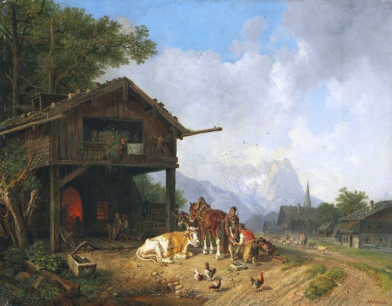 Bij de hoefsmid in de bergen, HEINRICH BÜRKEL, ca. 1850 van Atelier Liesjes