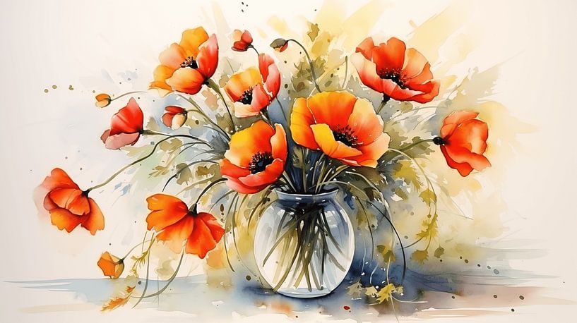 Nature morte aux coquelicots multicolores dans un vase Aquarelle Design d'art par Animaflora PicsStock