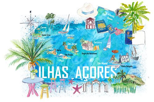Açores îles Portugal Carte de voyage illustrée avec les points forts touristiques