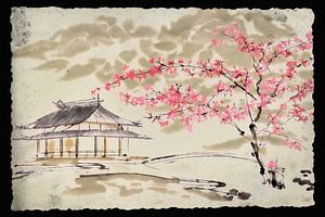 Japanische Landschaft mit Teehaus und Kirschblüte