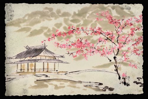 Japans Landschap met theehuis en kersenbloesem