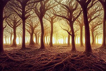 Ochtend in het bos met mist Illustratie van Animaflora PicsStock