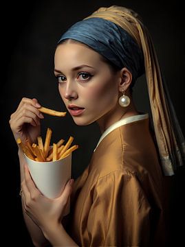 Das Mädchen mit der Perle isst einen Chips von Emiel de Lange