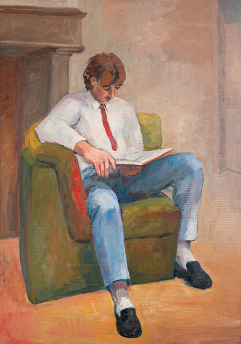 Portret van een zittende en lezende man, academisch model - olieverf op karton door Pieter Ringoot