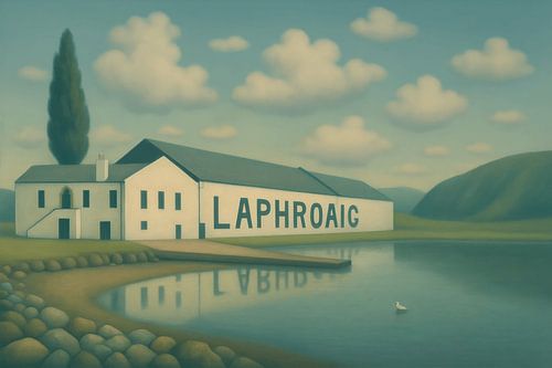 Laphroaig distilleerderij onder blauwe lucht