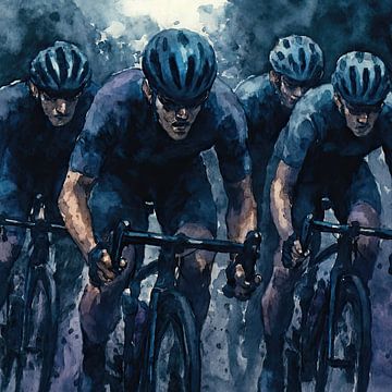 In formatie (stoer donker blauw aquarel schilderij groep mannen mancave sportief teamgeest)
