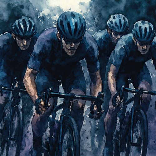 In formatie (stoer donker blauw aquarel schilderij groep mannen mancave sportief teamgeest)