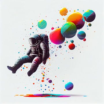 Astronaute et planètes colorées sur Felix Brönnimann