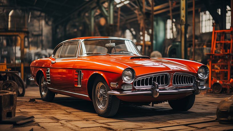 Alter Roter Oldtimer in einer Autowerkstatt im Vintage Style Design von Animaflora PicsStock