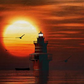 De Vuurtoren van Newport met een zonsondergang en Cumuluswolken van Jan Keteleer (JanKé): Een reis voorbij het canvas