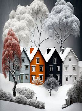Miniatuur landschap winter sneeuw wit zwart grijs geel huizen bomen van gm_designs