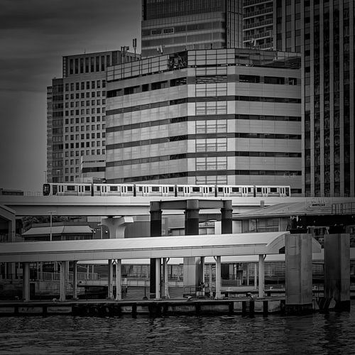 Hinode Pier with train and skyscrapers of Minato | monochrome by Melanie Viola