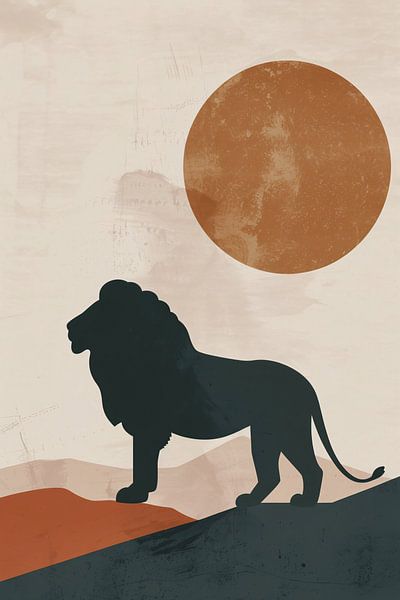 Lion Silhouette gegen orange Sonne in minimalistischen Stil von Art & Soul Creations