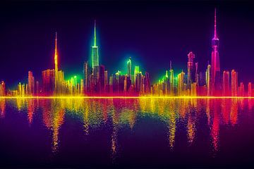 Panorama Neon Stad Skyline Behang van Animaflora PicsStock