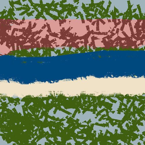 Lac de forêt. Paysage moderne abstrait et coloré en vert, bleu et rose.