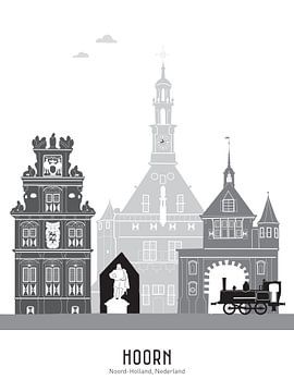 Skyline illustratie stad Hoorn zwart-wit-grijs van Mevrouw Emmer