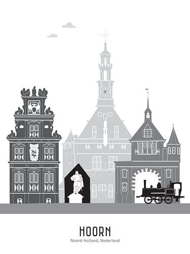 Skyline illustratie stad Hoorn zwart-wit-grijs