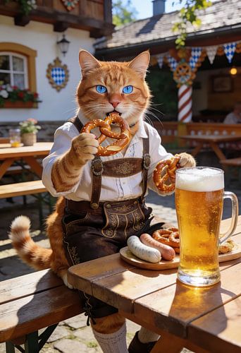 Bayerische Katze mit Brezeln und Biergarten-Schlemmerei