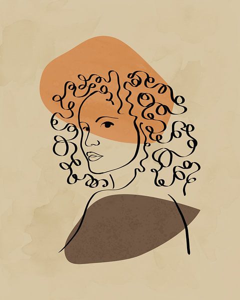 Line drawing of a face with curly hair