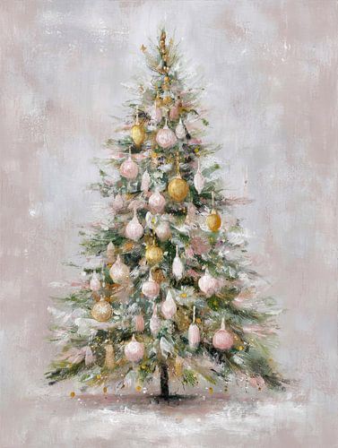Weich gestrichener Weihnachtsbaum in Pastellfarben mit goldenen und rosa Ornamenten