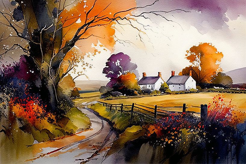 watercolor Landscape, seasonal village by Ariadna de Raadt-Goldberg