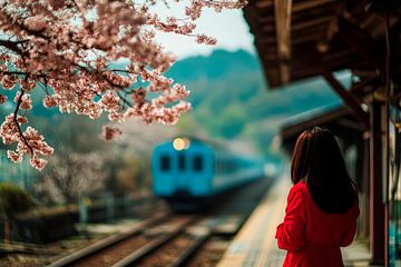 Vrouw wachtend op het station met kersenbloesems van Poster Art Shop