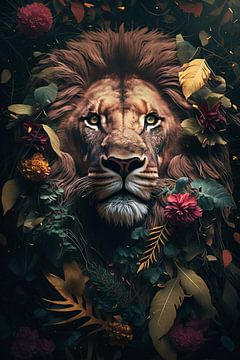 Portrait du visage d'un lion dans la jungle sur Digitale Schilderijen
