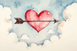 Watercolor painting of an arrow piercing a heart in the clouds by Markus Gann