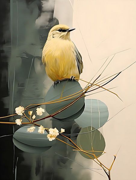 Vogel schilderij met lenteachtige groen gele kleur van PixelPrestige