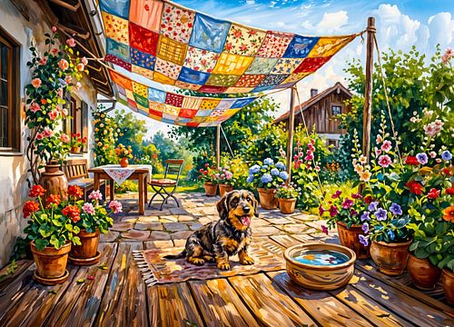 Dachshund Sitting Under Colorful Patchwork Garden Canopy