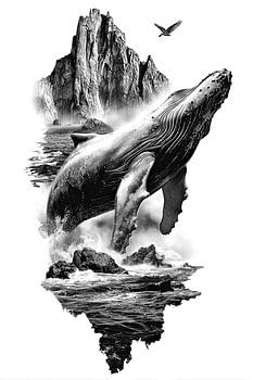 Humpback Whale Breach Ocean Line Art