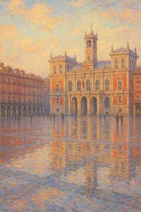 Valladolid Plaza Mayor an einem regnerischen Tag – Bunter spanischer Platz Impressionistische Kunst