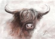 Painting of a Scottish Highlander. Beautiful rural artwork with soft warm grey tones combined with b by Emiel de Lange thumbnail