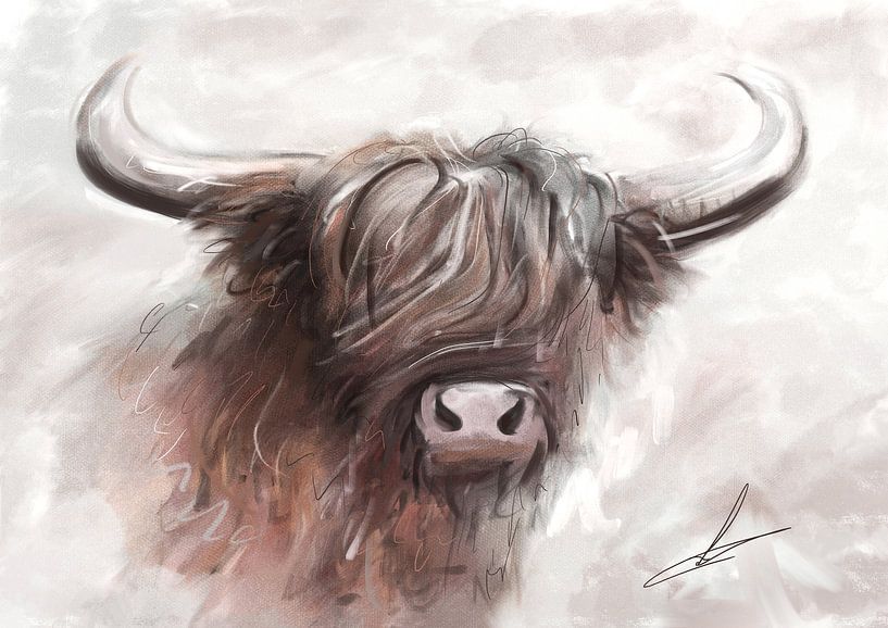 Painting of a Scottish Highlander. Beautiful rural artwork with soft warm grey tones combined with b by Emiel de Lange