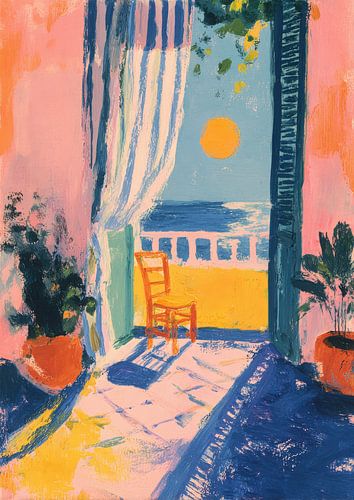 Gouache balkon met zee en Matisse kleuren