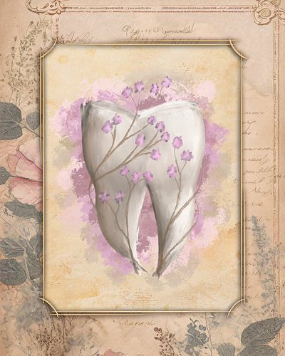 Tooth & Flowers. Surreal painting. Vintage background.
