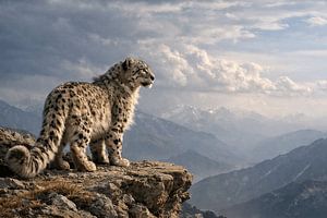 Léopard des neiges au sommet d'une montagne – poster majestueux représentant la faune sauvage avec un paysage montagneux panoramique