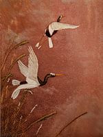 Traditionele Japandi Art: Kraanvogels vliegen boven het riet