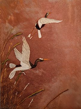 Traditionele Japandi Art: Reigers vliegen boven het riet van Studio Pieternel