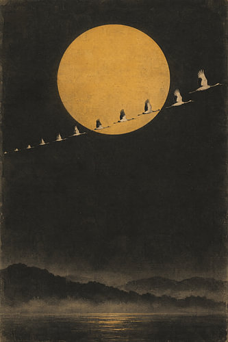 Migrating cranes against a golden moon
