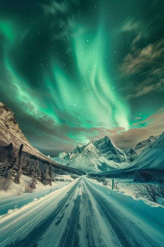 Northern lights over snow-covered mountains