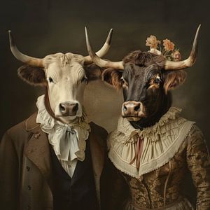 Kuh und Stier in altmodischer Kleidung