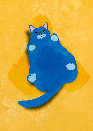 Stylized Blue Cat Illustration on Textured Yellow Background