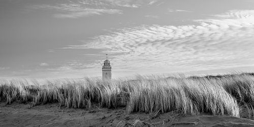 Witte kerk in Katwijk, panorama, sepia