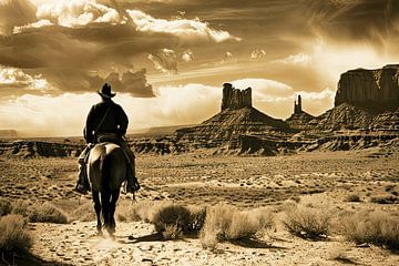 Vintage Cowboy auf Pferd Wandkunst von Vlindertuin-Art