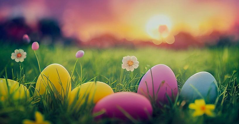 Oeufs de Pâques dans l'herbe Panorama, Art Illustration 05 par Animaflora PicsStock