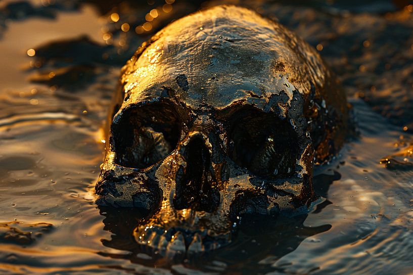 Crâne doré reposant dans l'eau sombre par Art & Soul Creations