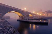 Stenen brug in Regensburg in dichte mist in de ochtend in de herfst