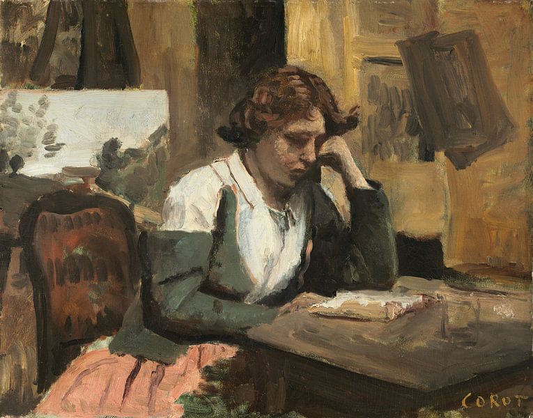 Woman Reading in the Studio - Jean-Baptiste-Camille Corot by Mooie Meesters